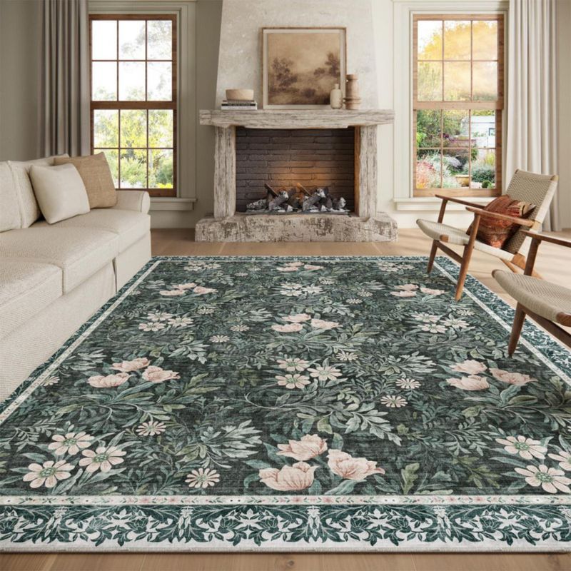 Alfombra Baksham 254x203 cm Verde Claro Floral Lavable