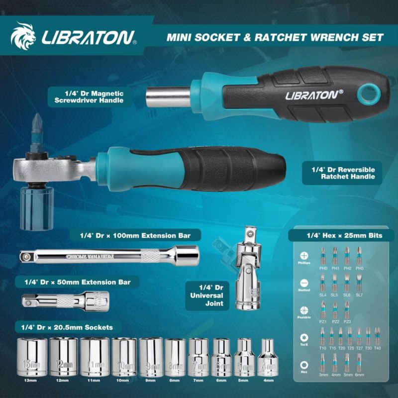 Juego de vasos LIBRATON 1/4" Dr 4-13 mm con bits