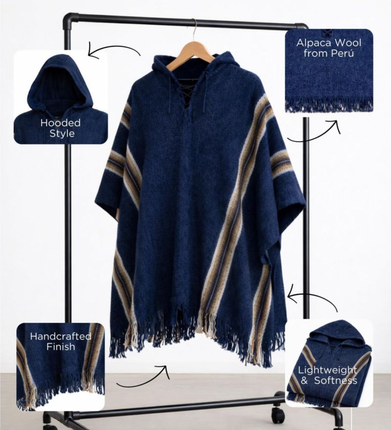 Poncho Gamboa de lana de alpaca con capucha - Abrigo para hombre