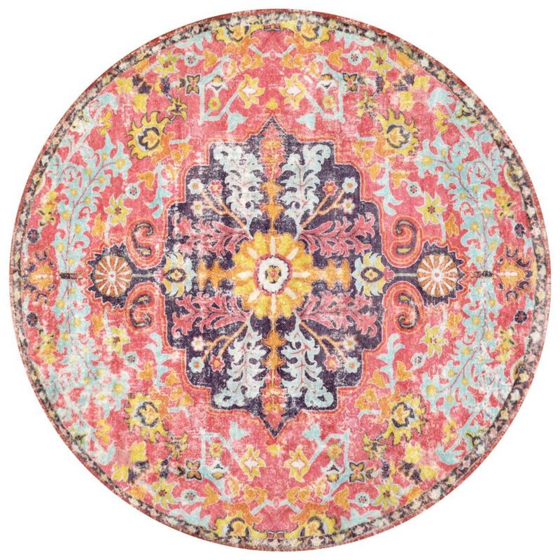 Alfombra redonda Lahome 122 cm rosa intenso con diseño floral bohemio lavable