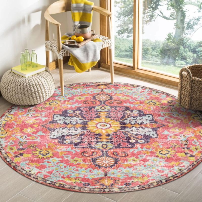Alfombra redonda Lahome 122 cm rosa intenso con diseño floral bohemio lavable