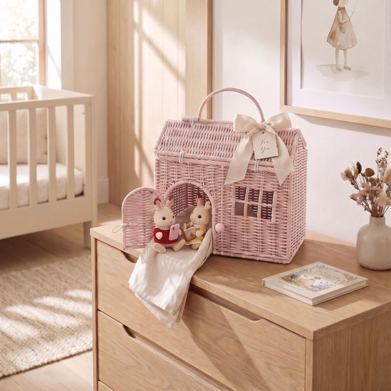 Cesta Rool con forma de casa de mimbre para muñecas y ratoncitos