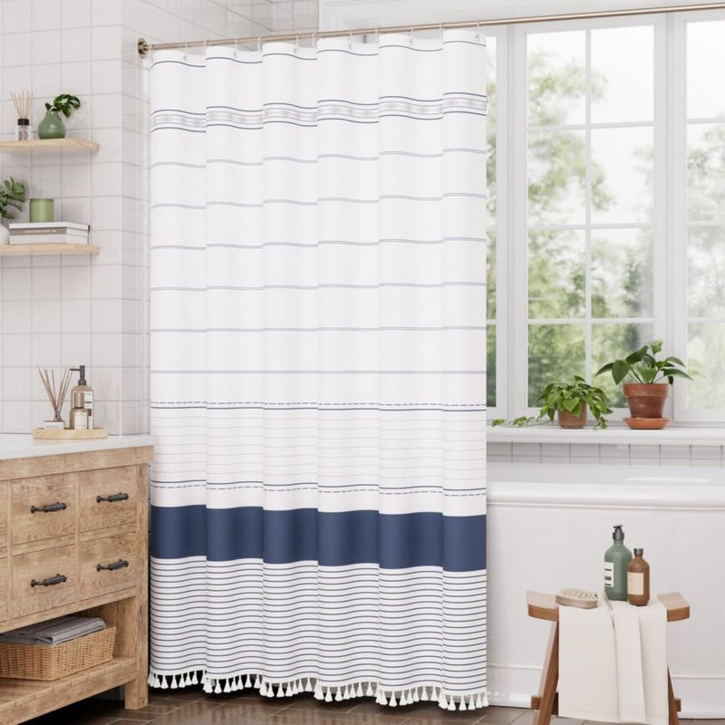 Cortina de Ducha AmazerBath 183 cm a Rayas Azul Marino