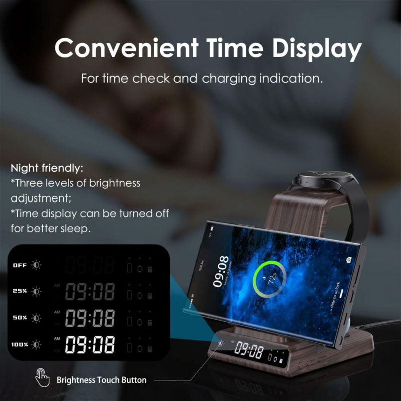 Estación de carga con cargador inalámbrico con reloj para Samsung