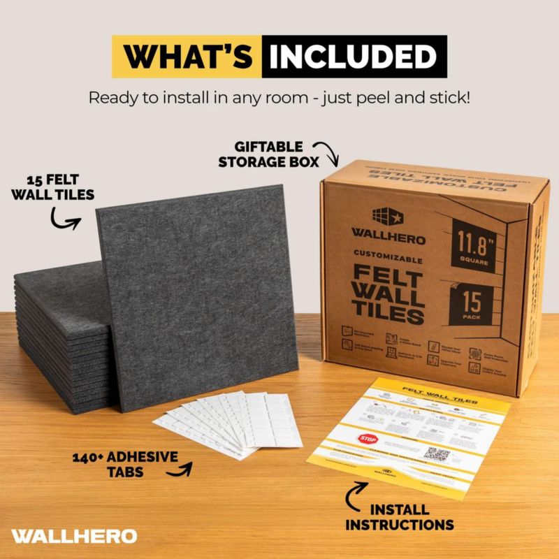 Tablón de corcho WallHero 150 cm × 91 cm – Azulejos de fieltro negro paquete de 15