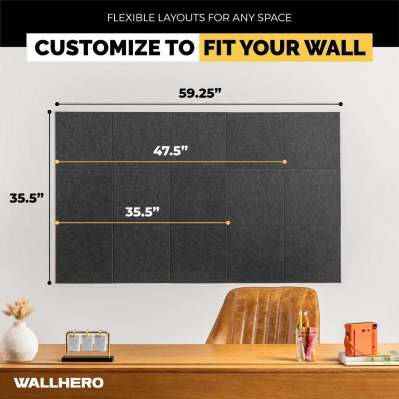 Tablón de corcho WallHero 150 cm × 91 cm – Azulejos de fieltro negro paquete de 15