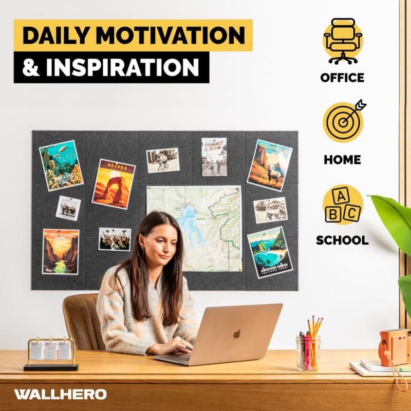 Tablón de corcho WallHero 150 cm × 91 cm – Azulejos de fieltro negro paquete de 15