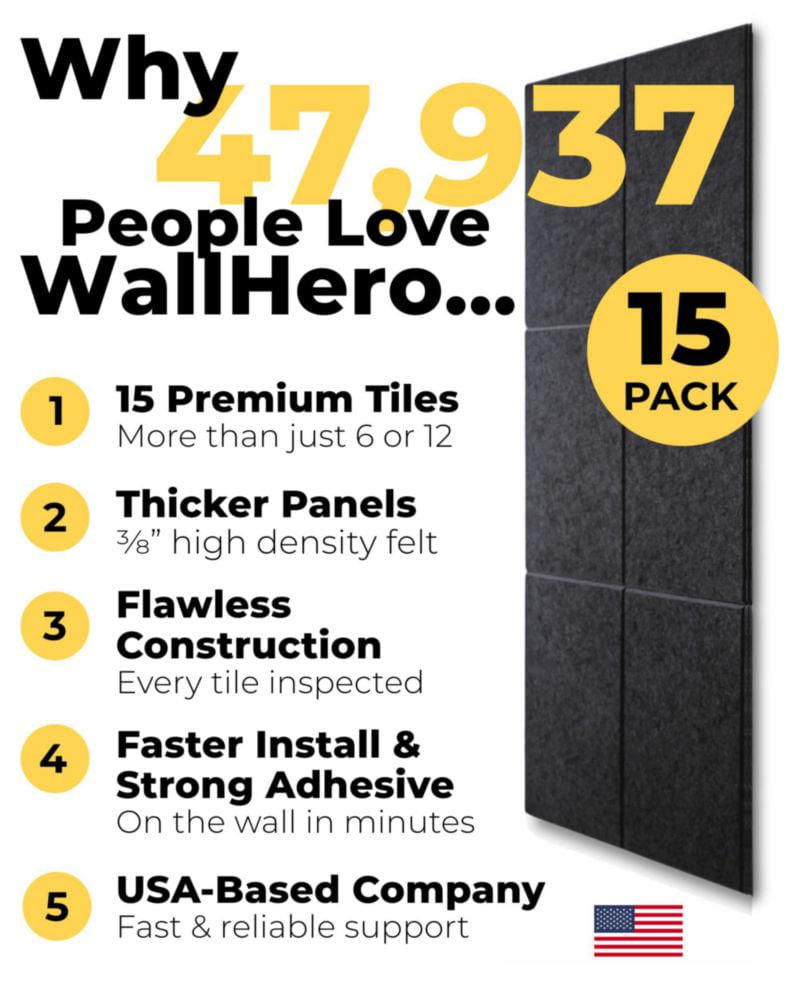 Tablón de corcho WallHero 150 cm × 91 cm – Azulejos de fieltro negro paquete de 15