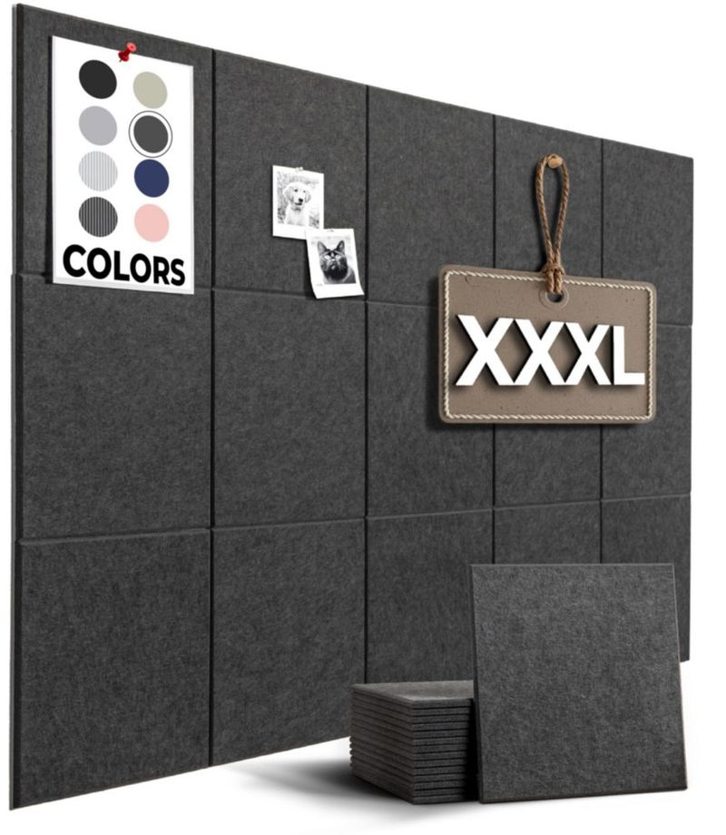 Tablón de corcho WallHero 150 cm × 91 cm – Azulejos de fieltro negro paquete de 15