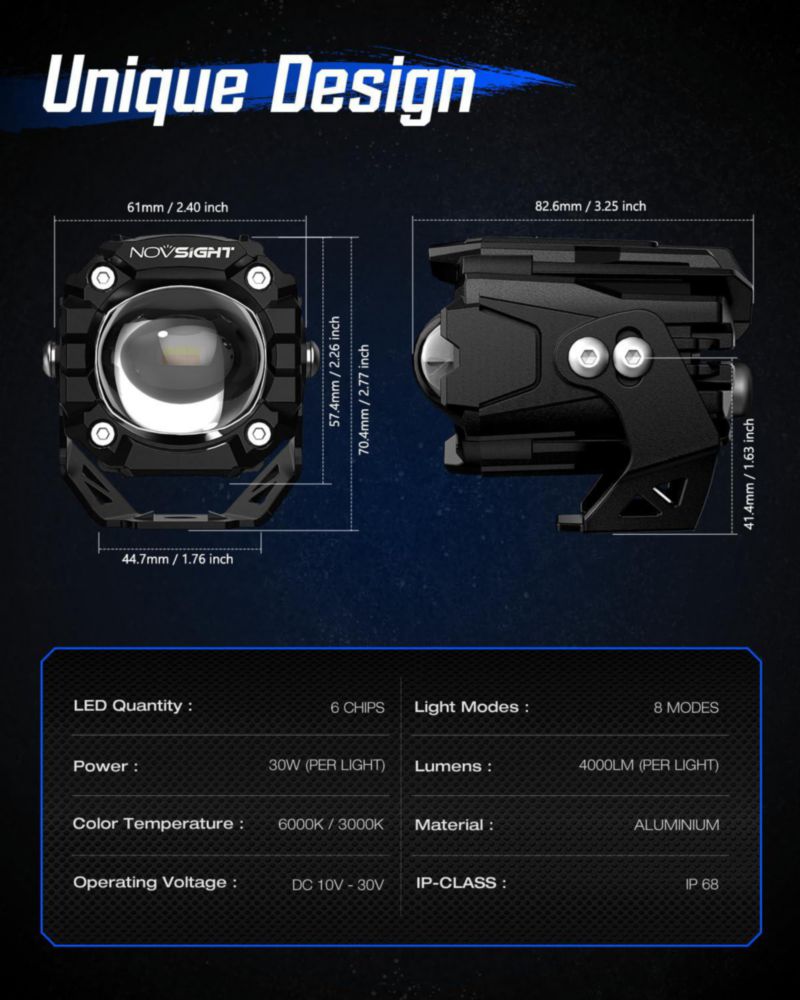 Luces antiniebla LED NOVSIGHT 5 cm par todo terreno 8 modos