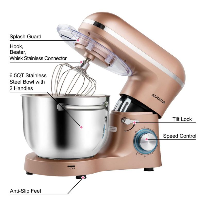 Batidora de pie Aucma 6.5QT 660W 6 velocidades Champagne