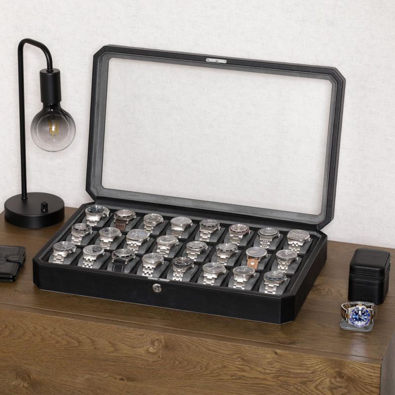 Caja para relojes ROTHWELL de 24 compartimentos negro/gris con tapa de vidrio