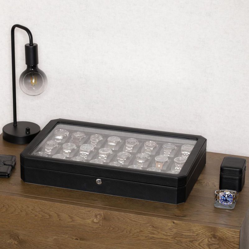 Caja para relojes ROTHWELL de 24 compartimentos negro/gris con tapa de vidrio