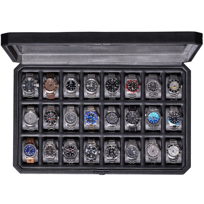 Caja para relojes ROTHWELL de 24 compartimentos negro/gris con tapa de vidrio