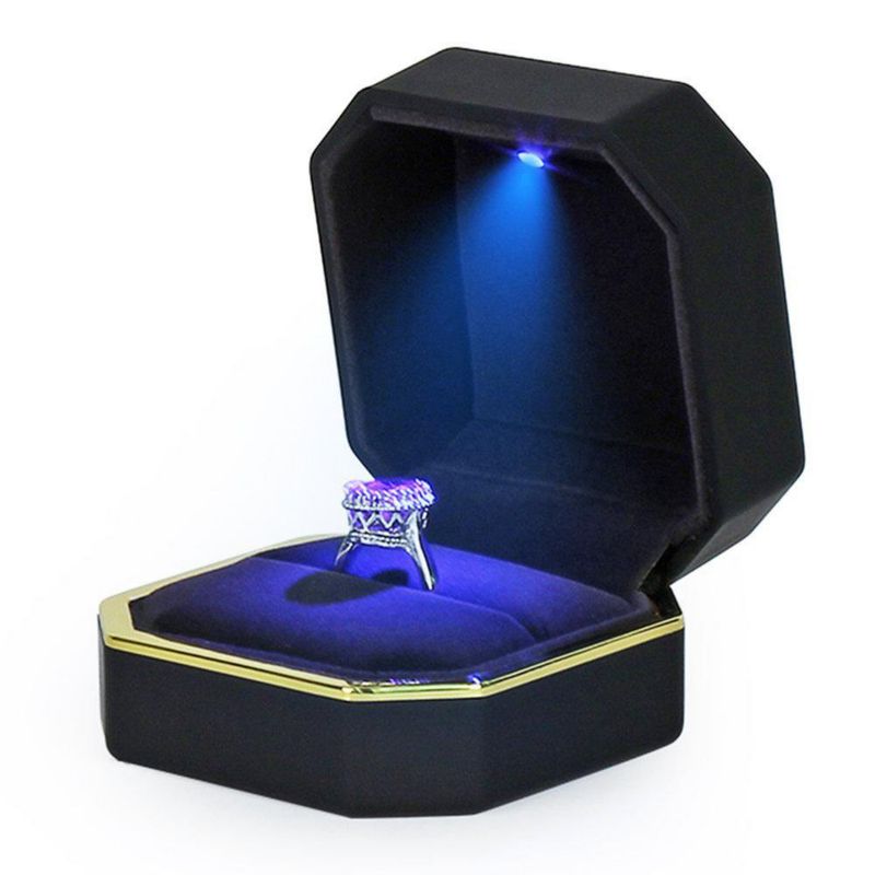 Caja de Anillos AVESON Cuadrada de Terciopelo con Luz LED Negra