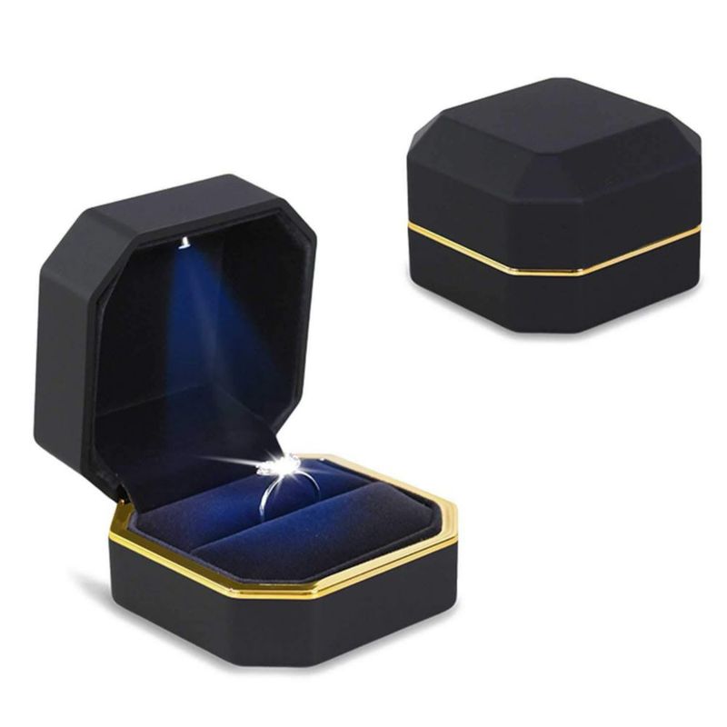 Caja de Anillos AVESON Cuadrada de Terciopelo con Luz LED Negra