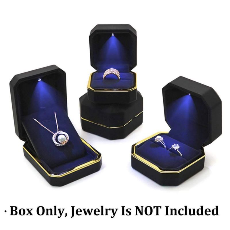 Caja de Anillos AVESON Cuadrada de Terciopelo con Luz LED Negra