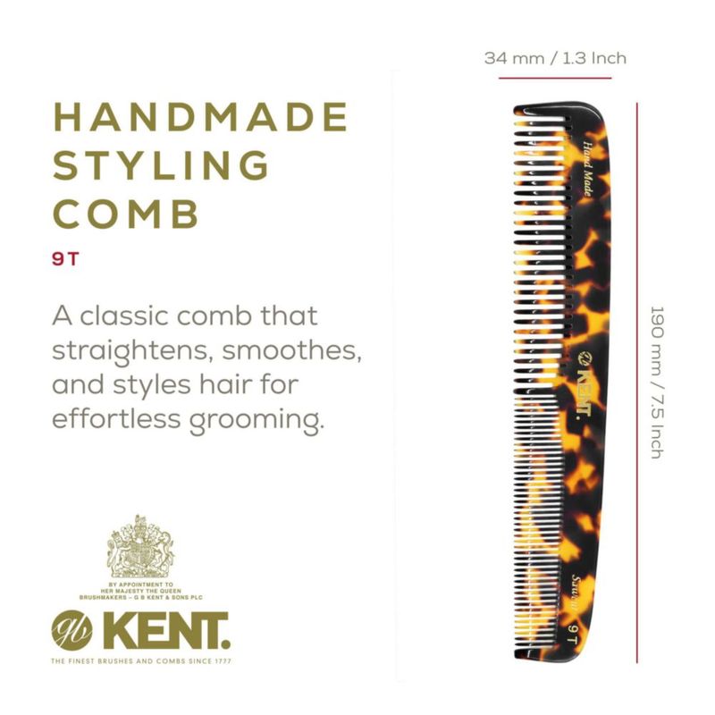 Peine de Cabello KENT 19 cm Dientes Finos/Anchos Hecho a Mano Amarillo