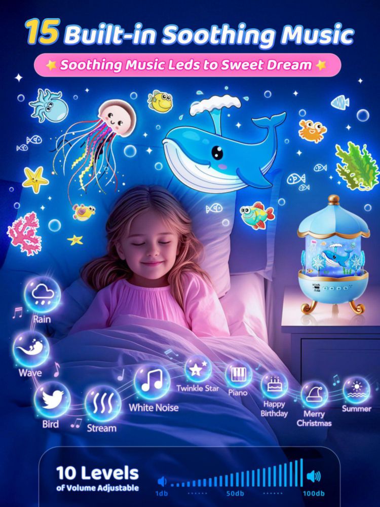 Luz nocturna PIKOY Snow para niños proyector de estrellas con 15 sonidos de ruido blanco + 16 películas + 336 colores rotación 360° + control remoto +