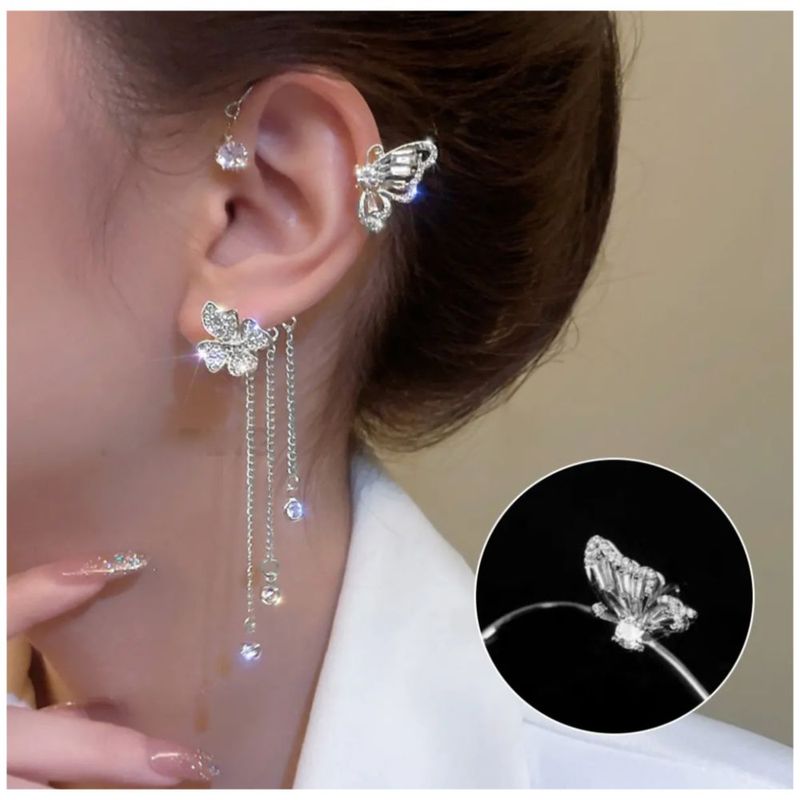 2pzs Aretes Plata De Mariposas Clip Largos Trepadores, Color Plata