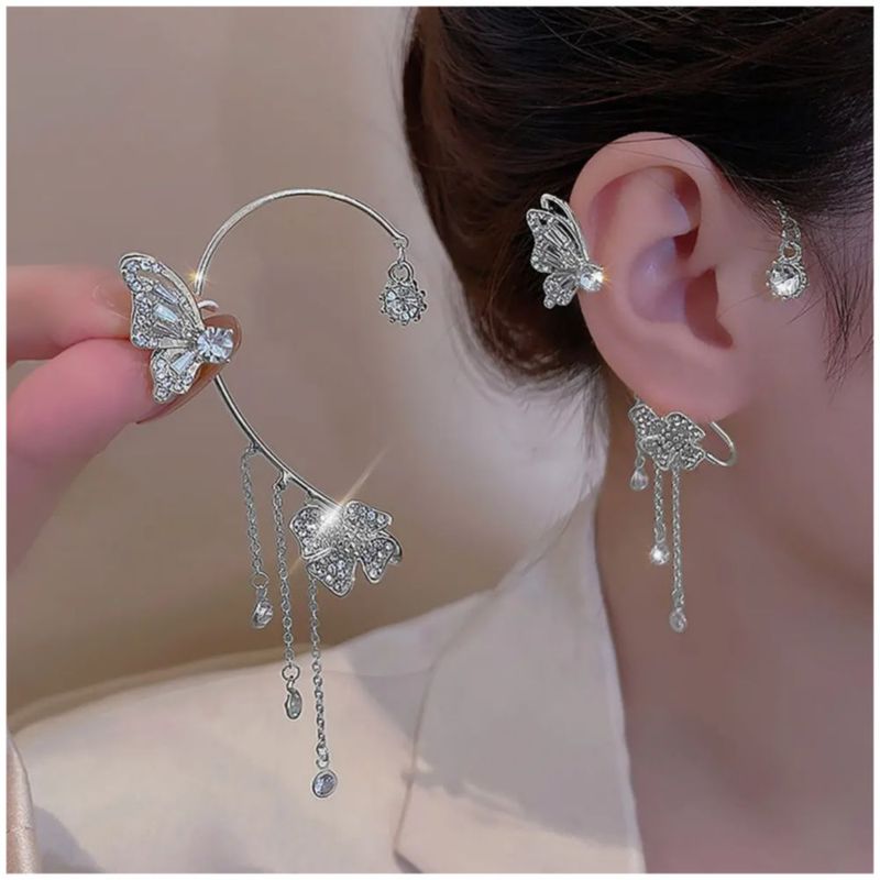 2pzs Aretes Plata De Mariposas Clip Largos Trepadores, Color Plata