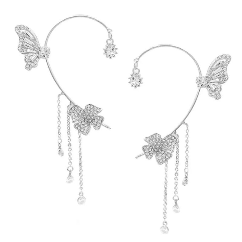 2pzs Aretes Plata De Mariposas Clip Largos Trepadores, Color Plata