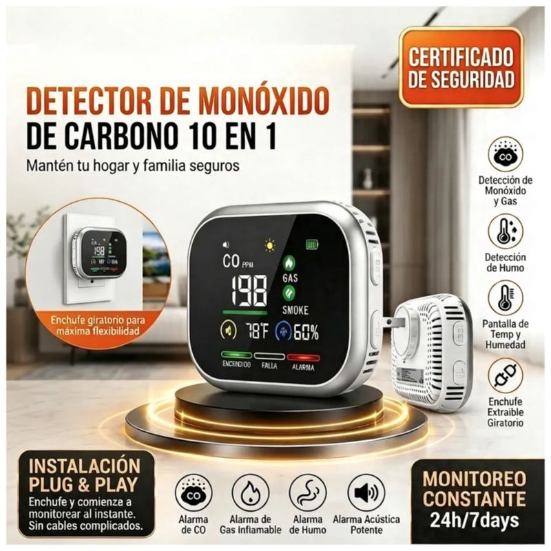 Detector De Gas Y Humo 6 En 1 Enchufable Para El Hogar,  Color Gris