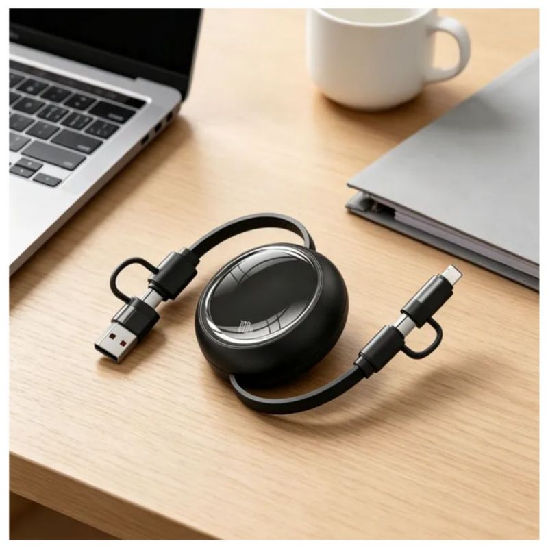 Cable Retráctil Yisen 4 En 1 Usb-c/lightning 100wcarga Rápida, Color Negro