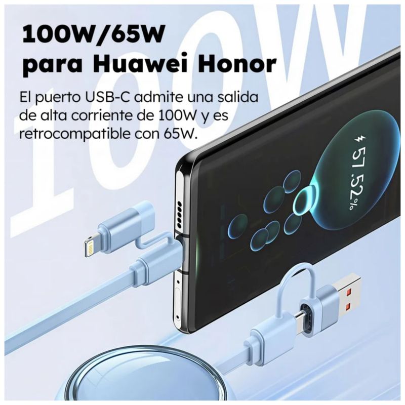 Cable Retráctil Yisen 4 En 1 Usb-c/lightning 100wcarga Rápida, Color Negro