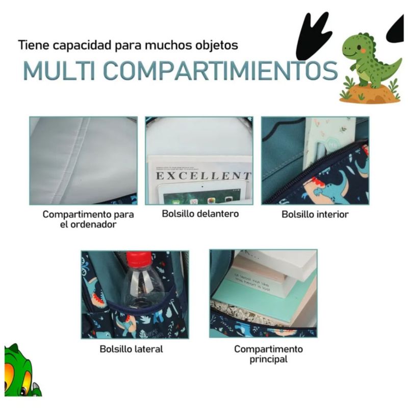 Mochila Escolar Para Niño De Primaria Diseño Dinosaurio, Color Verde