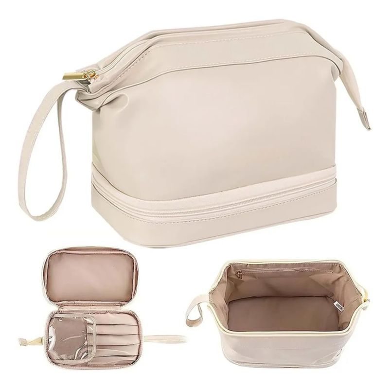 Neceser Cosmetiquera Viaje Maquilla Impermeable Doble Capa, Color Beige