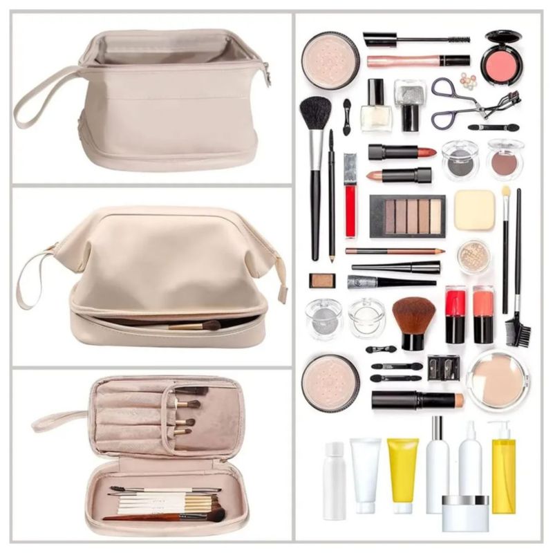 Neceser Cosmetiquera Viaje Maquilla Impermeable Doble Capa, Color Beige