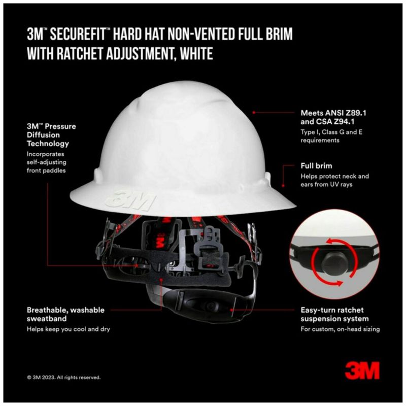 Casco 3M SecureFit de ala completa con ajuste de trinquete blanco