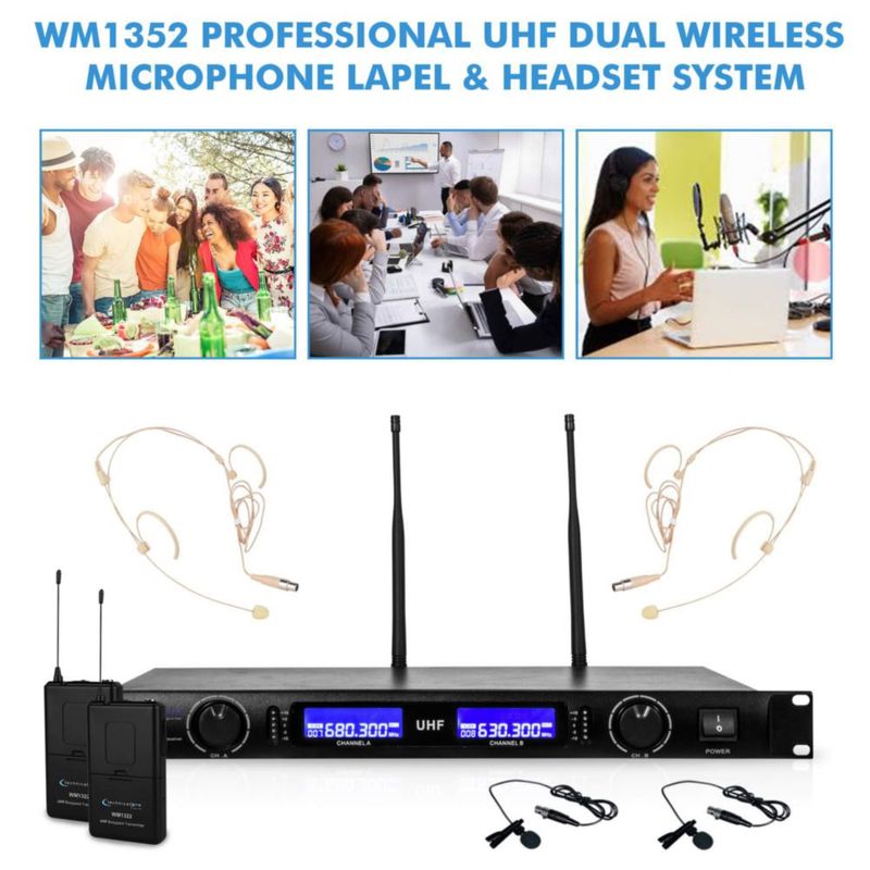 Sistema de micrófono inalámbrico Technical Pro UHF con solapa y auriculares