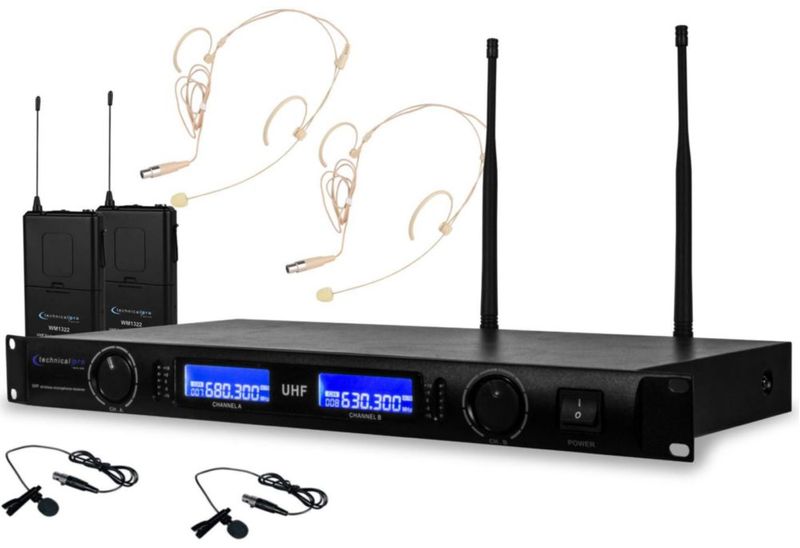 Sistema de micrófono inalámbrico Technical Pro UHF con solapa y auriculares