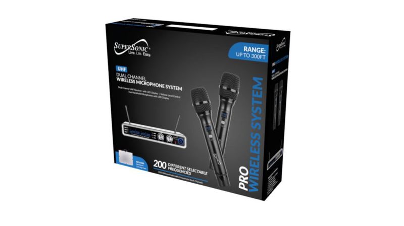 Sistemas de micrófonos inalámbricos Supersonic SC-930UHF UHF de doble canal con dos transmisores portátiles indicador de estado LED batería de larga
