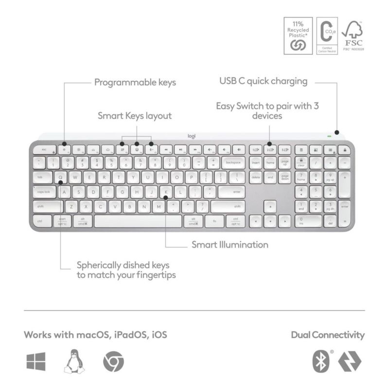 Teclado inalámbrico Logitech MX Keys S de perfil bajo gris pálido