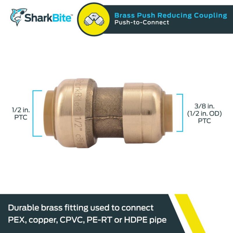 Acoplamiento reductor SharkBite conector a presión de latón de 3/8 x 1/2 pulgadas