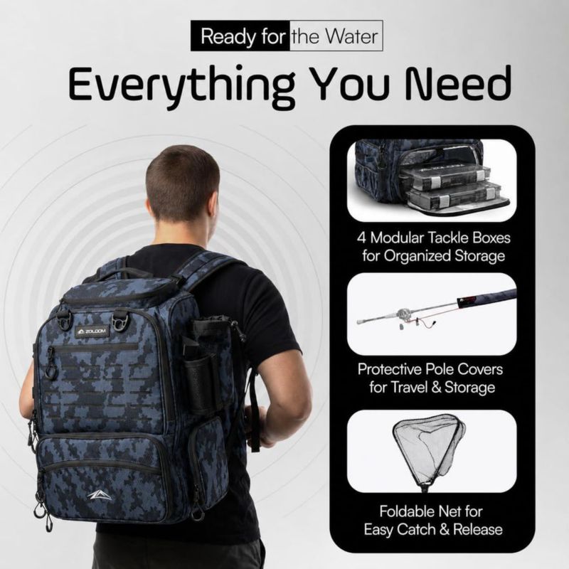 Mochila de Pesca Zaloom 40L Impermeable con Cajas de Aparejo