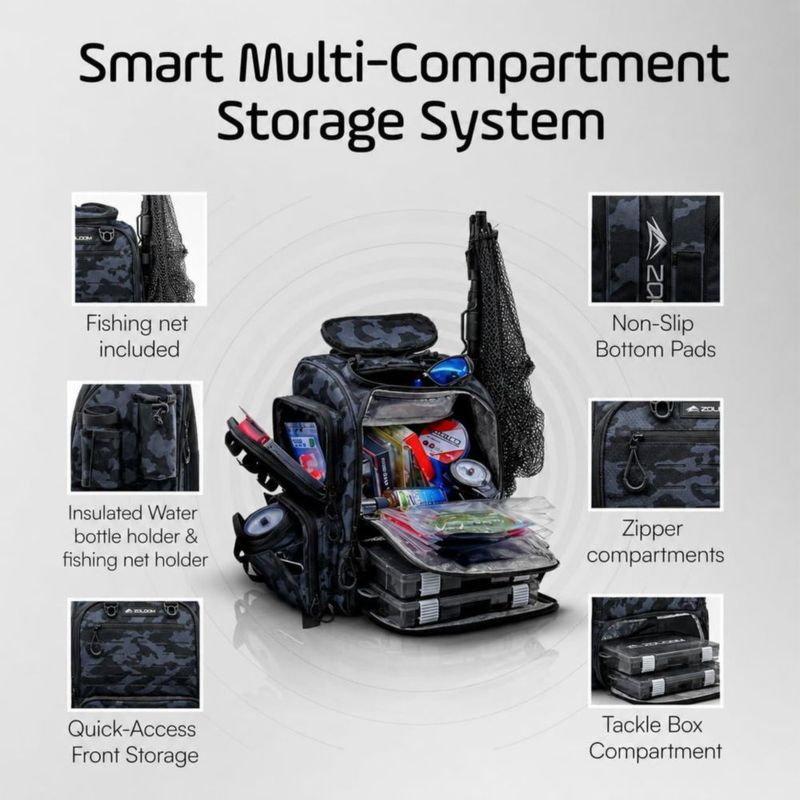 Mochila de Pesca Zaloom 40L Impermeable con Cajas de Aparejo