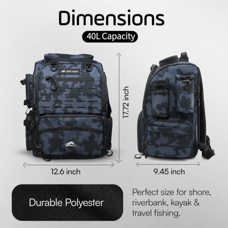Mochila de Pesca Zaloom 40L Impermeable con Cajas de Aparejo