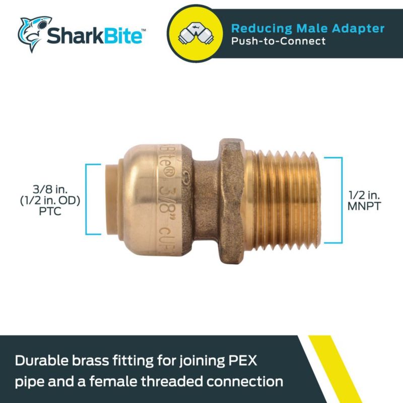 Adaptador reductor de latón SharkBite U118LFA de 3/8 pulgadas x 1/2 pulgadas
