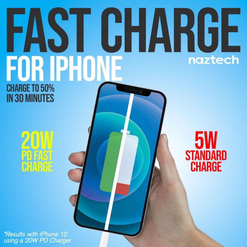 Cable cargador Naztech Lightning de 12 pies USB-C a MFi para iPhone blanco