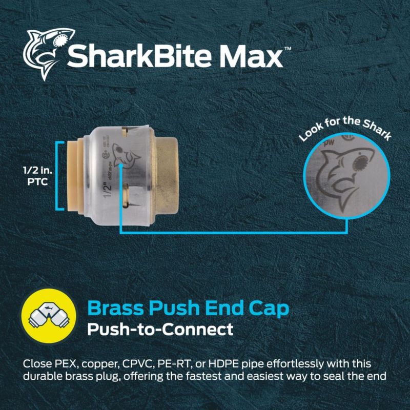 Accesorio de plomería SharkBite Max de latón con tapa a presión de 1/2 pulgada