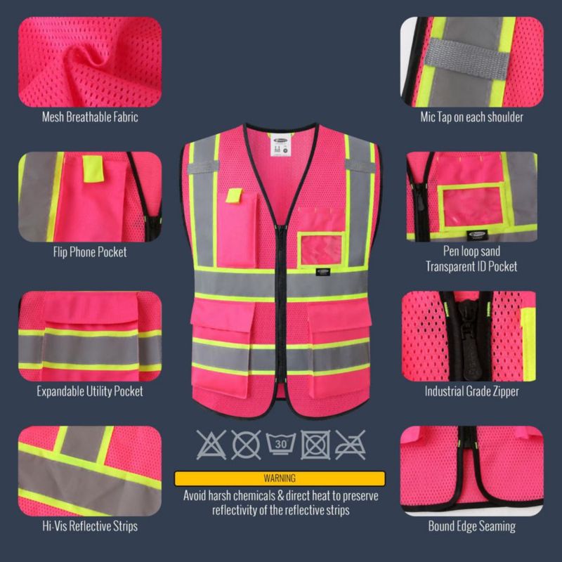 Chaleco de Seguridad JKSafety Rosa M Alta Visibilidad Bolsillos Cremallera