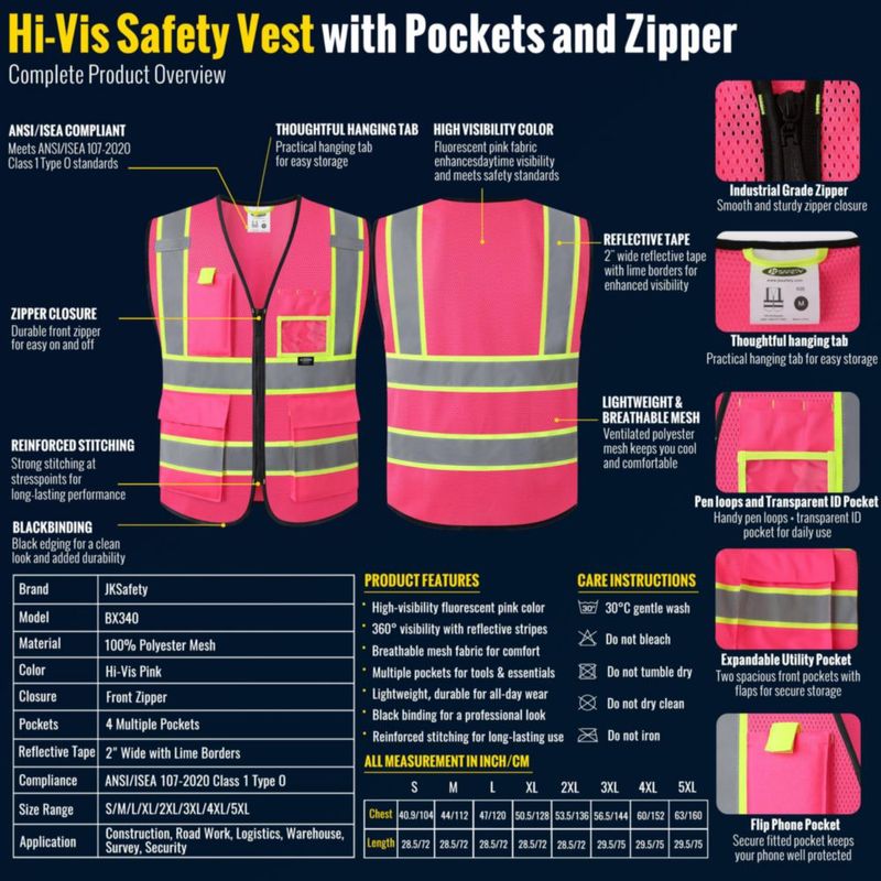 Chaleco de Seguridad JKSafety Rosa M Alta Visibilidad Bolsillos Cremallera