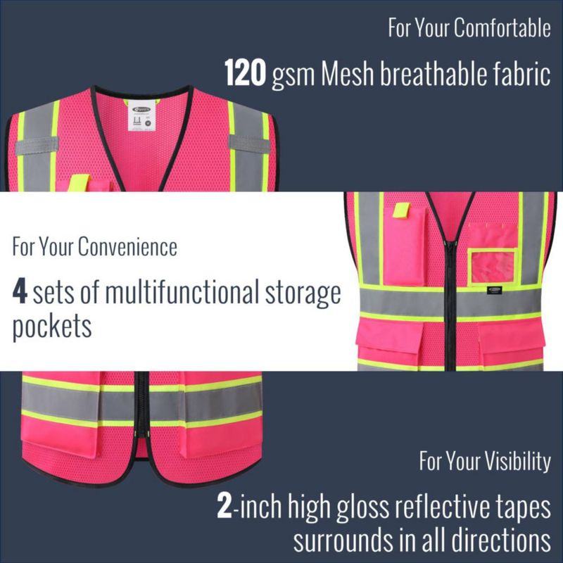Chaleco de Seguridad JKSafety Rosa M Alta Visibilidad Bolsillos Cremallera