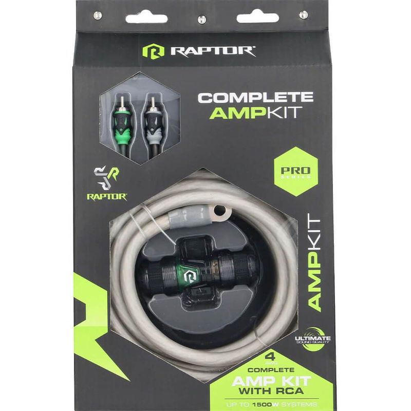 Kit de amplificador Raptor 1500 W 4 AWG con cable RCA y fusible