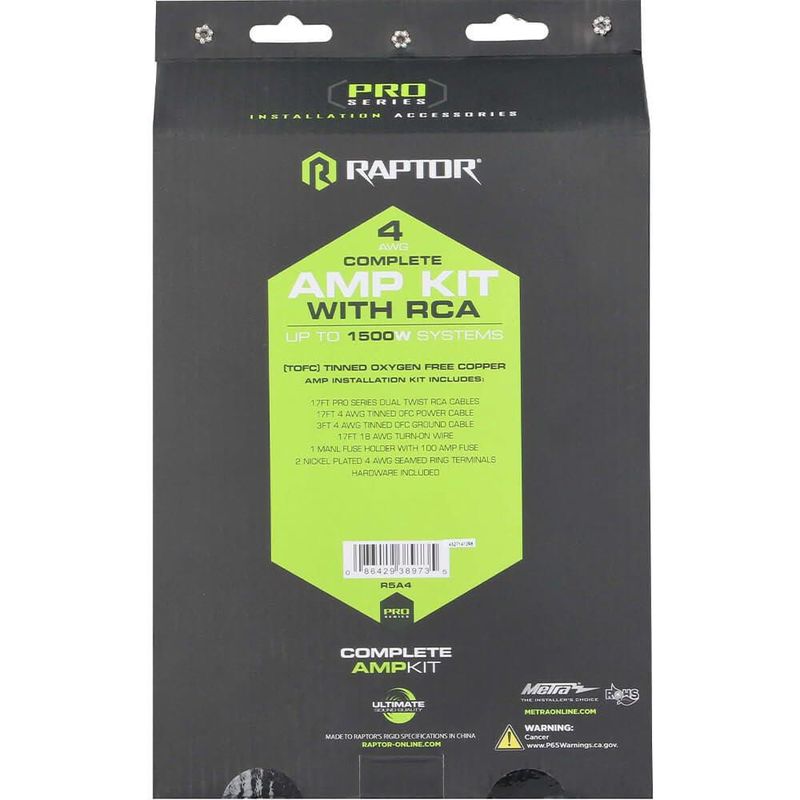 Kit de amplificador Raptor 1500 W 4 AWG con cable RCA y fusible