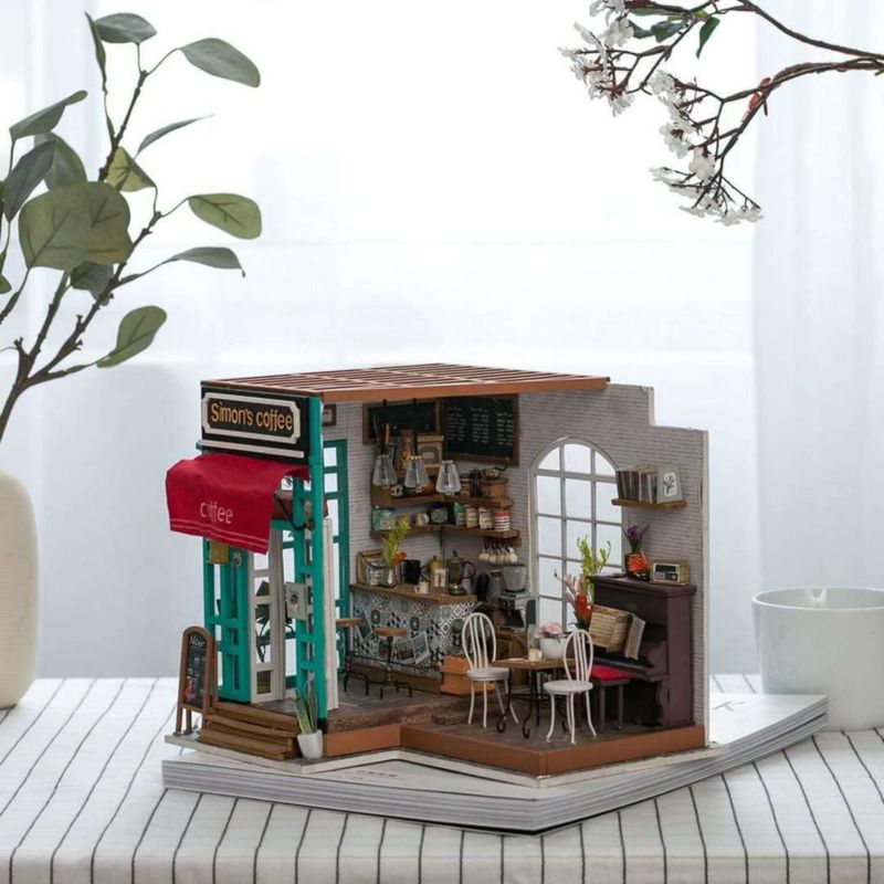 Kit DIY 3D de casa de café Robotime con luz LED 23 x 20 x 20 cm